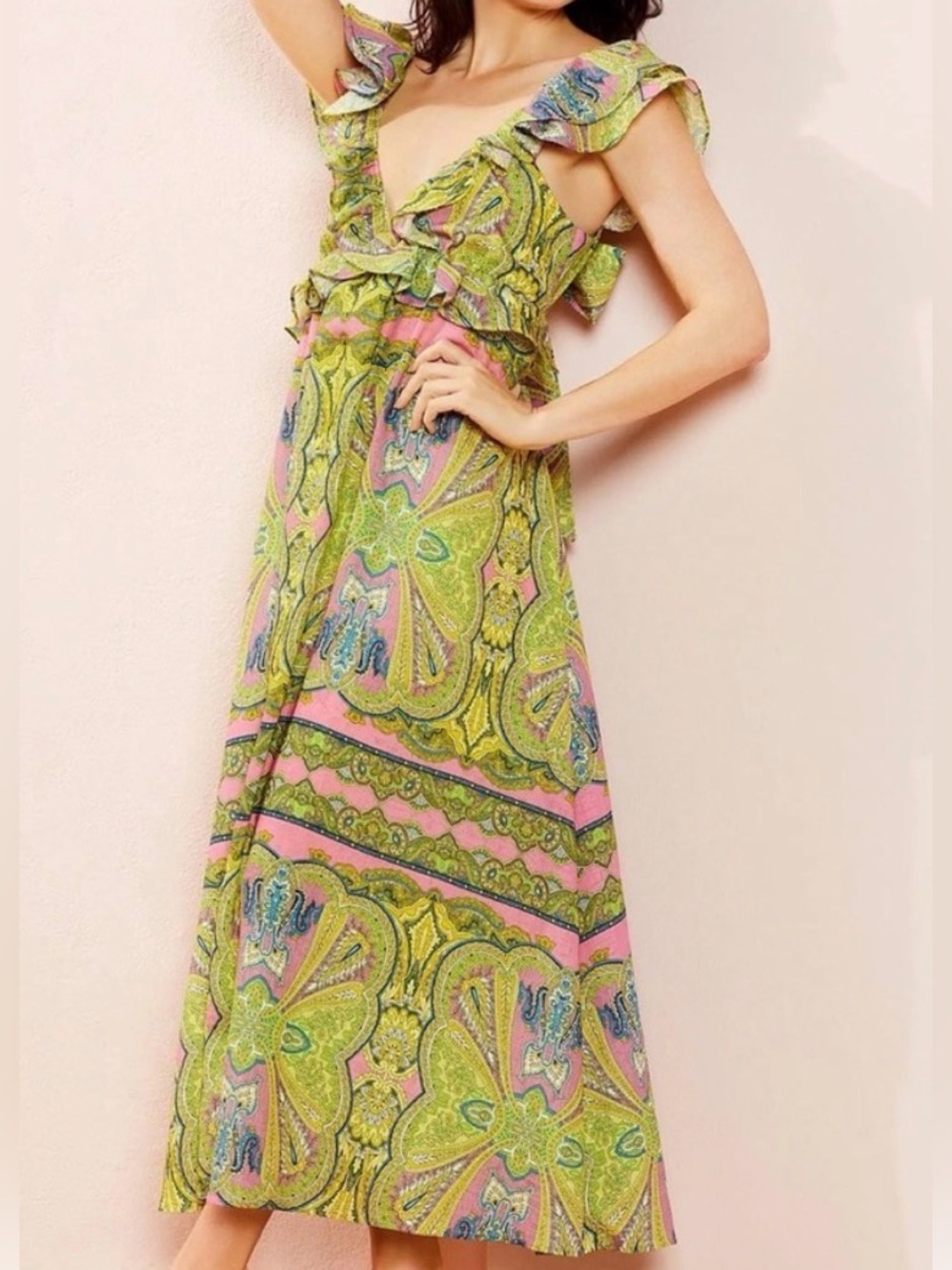 Paisley Ruffle V-Neck Maxi Dress in Green and Pink